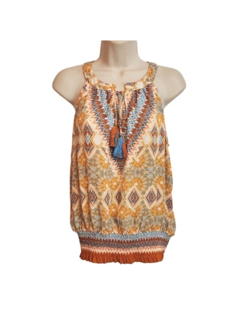 Rose Olive Tribal Tassel Sleeveless Blouse Medium